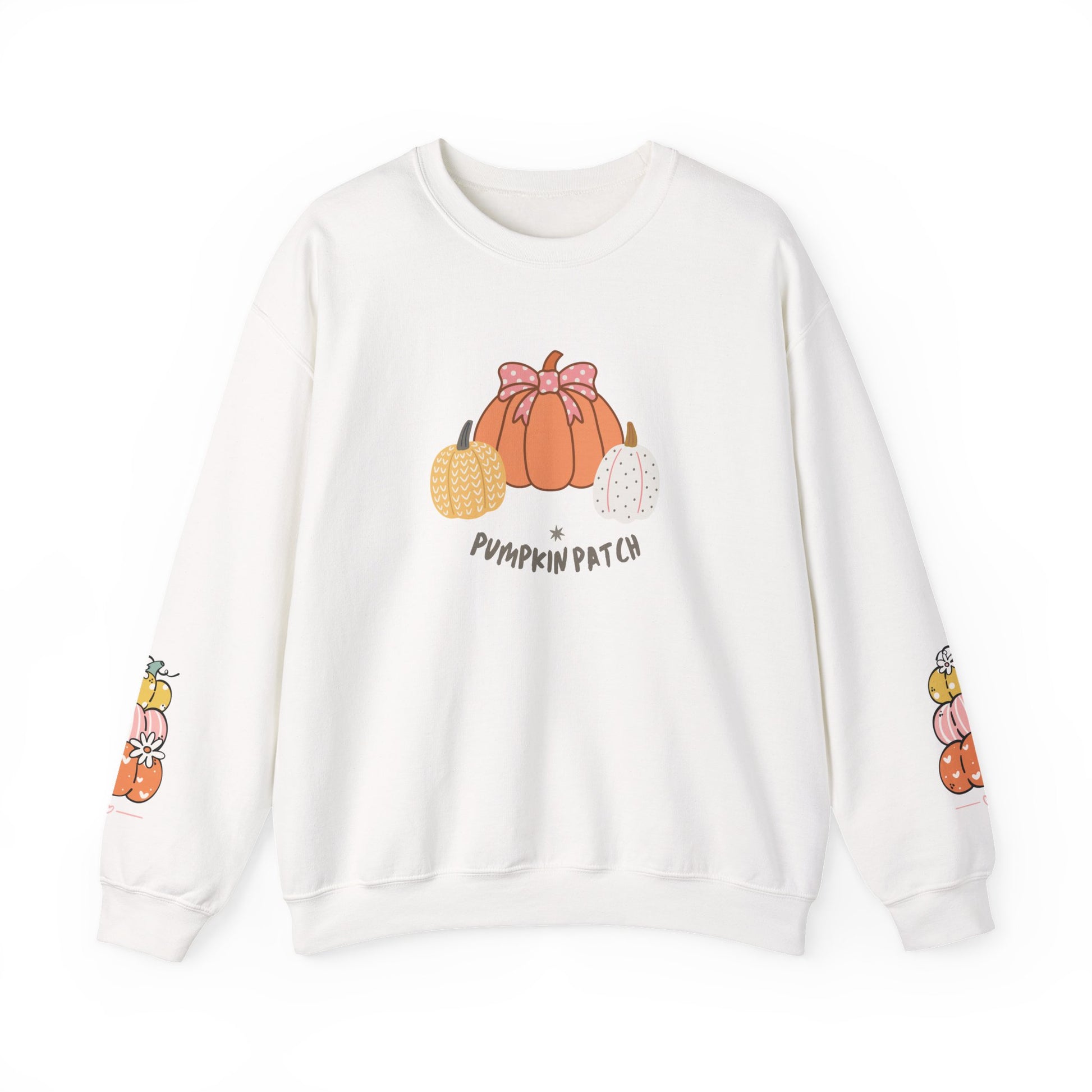 Pumpkin Patch Crewneck Sweatshirt with sleeve design too - Cozy Fall Apparel, Unisex Autumn Sweatshirt, Pumpkin Lovers Gift, Halloween/Thanksgiving Style, [...] - Stellar Threadz Studio