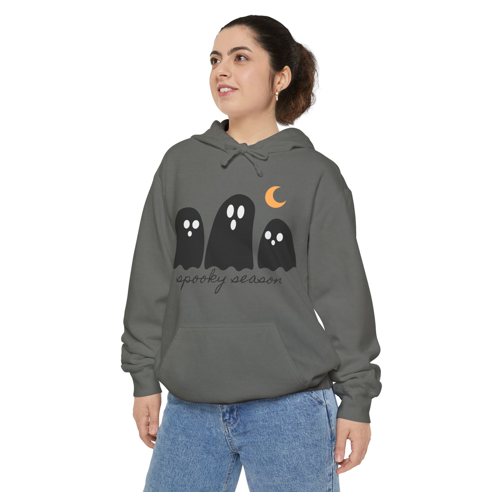 Spooky Season Garment-Dyed Hoodie for Halloween, Cozy Sweater, Unisex Hoodie, Fall Fashion, Ghost Design, Comfort Colors - Stellar Threadz Studio