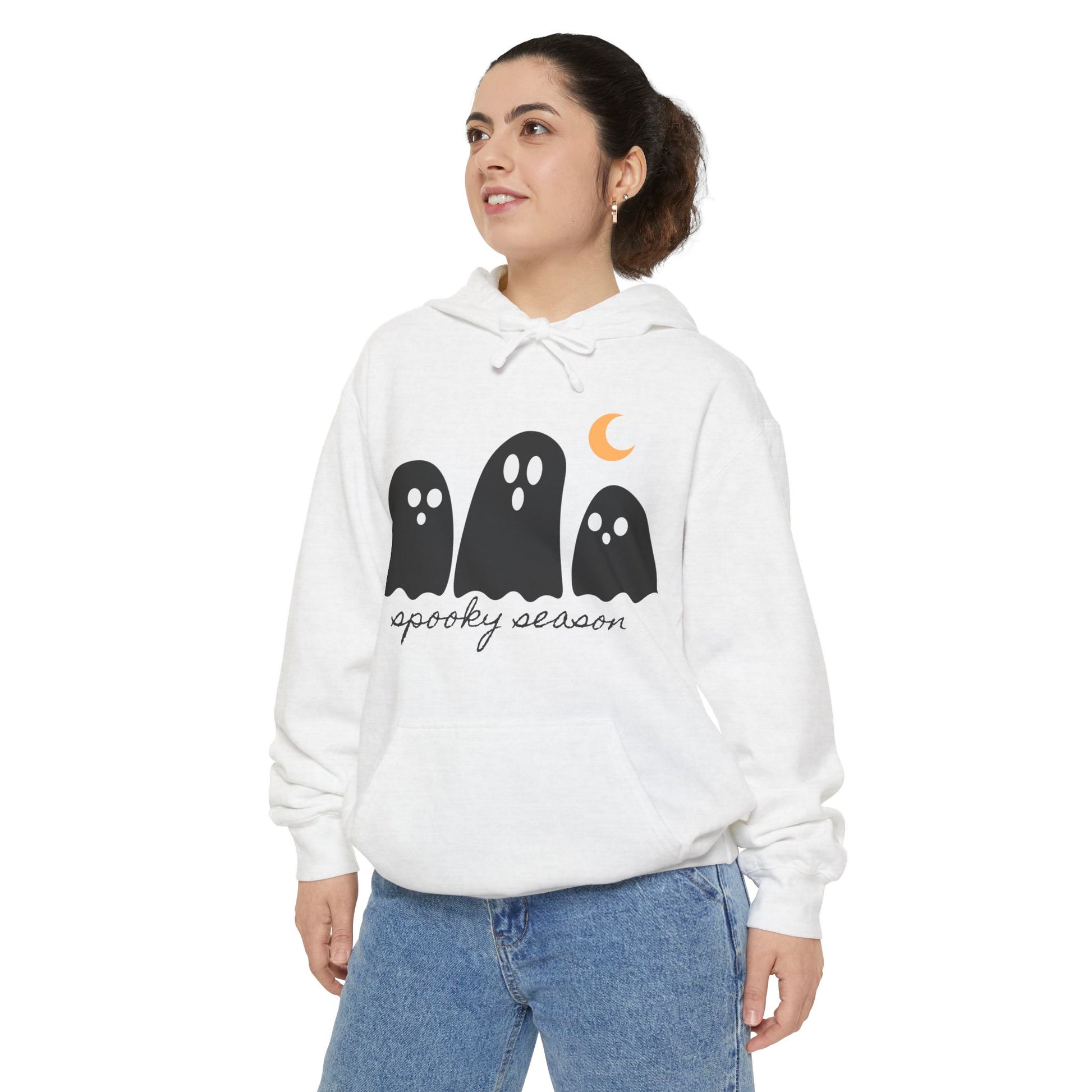 Spooky Season Garment-Dyed Hoodie for Halloween, Cozy Sweater, Unisex Hoodie, Fall Fashion, Ghost Design, Comfort Colors - Stellar Threadz Studio