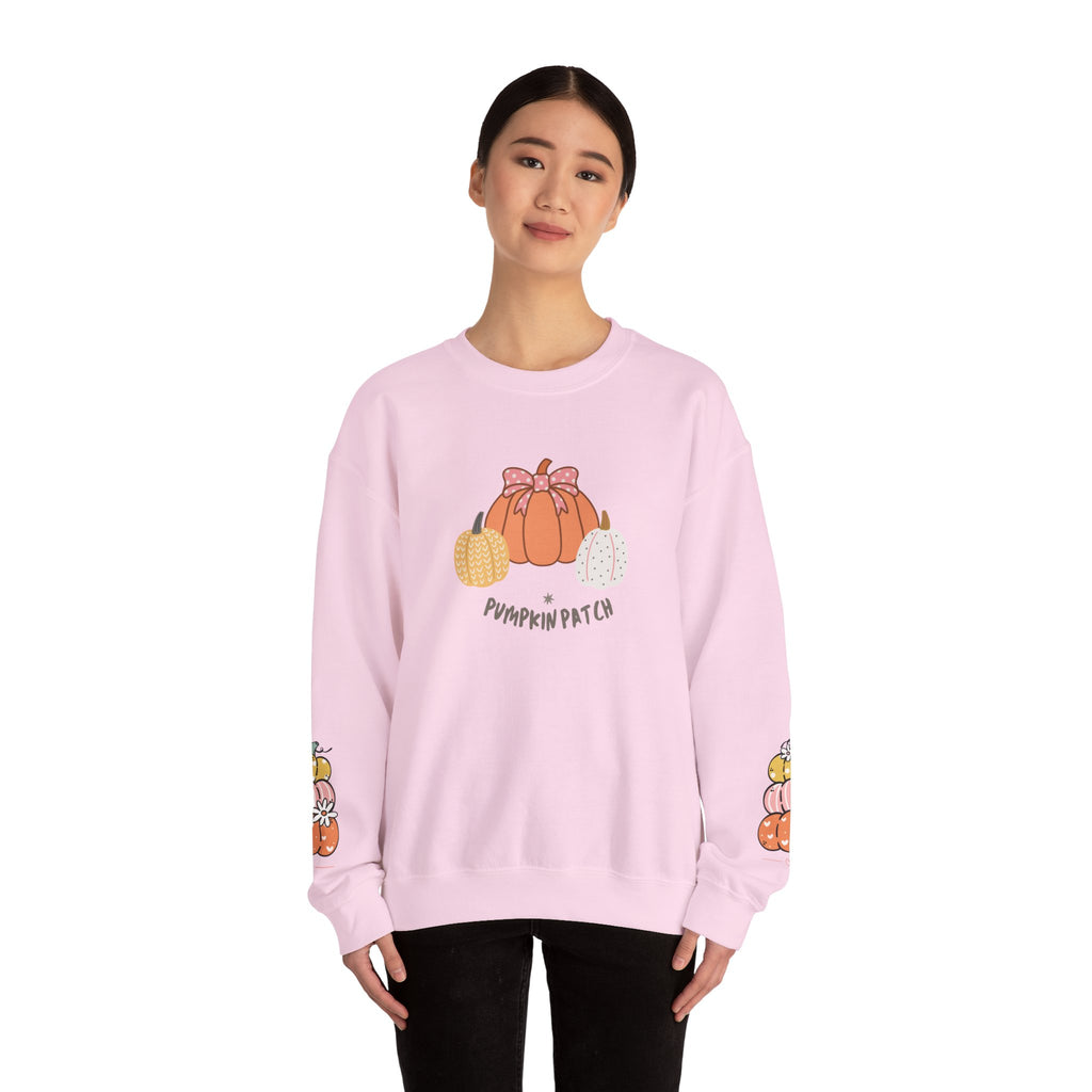 Pumpkin Patch Crewneck Sweatshirt with sleeve design too - Cozy Fall Apparel, Unisex Autumn Sweatshirt, Pumpkin Lovers Gift, Halloween/Thanksgiving Style, [...] - Stellar Threadz Studio