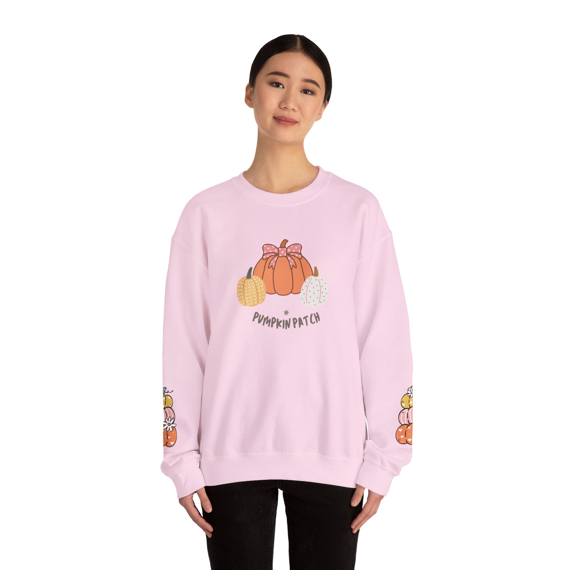 Pumpkin Patch Crewneck Sweatshirt with sleeve design too - Cozy Fall Apparel, Unisex Autumn Sweatshirt, Pumpkin Lovers Gift, Halloween/Thanksgiving Style, [...] - Stellar Threadz Studio
