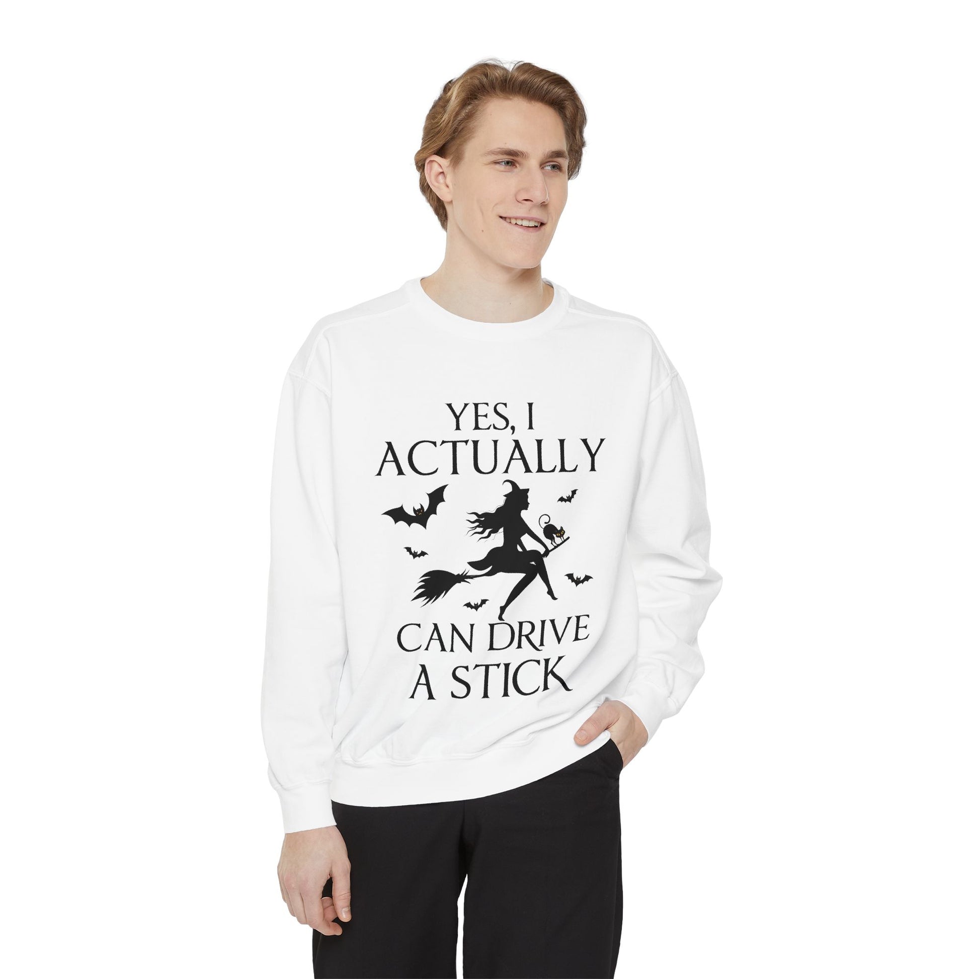 Funny Halloween Sweatshirt – ‘Drive a Stick’ Witch Quote | Premium Comfort Colors Crewneck - Stellar Threadz Studio