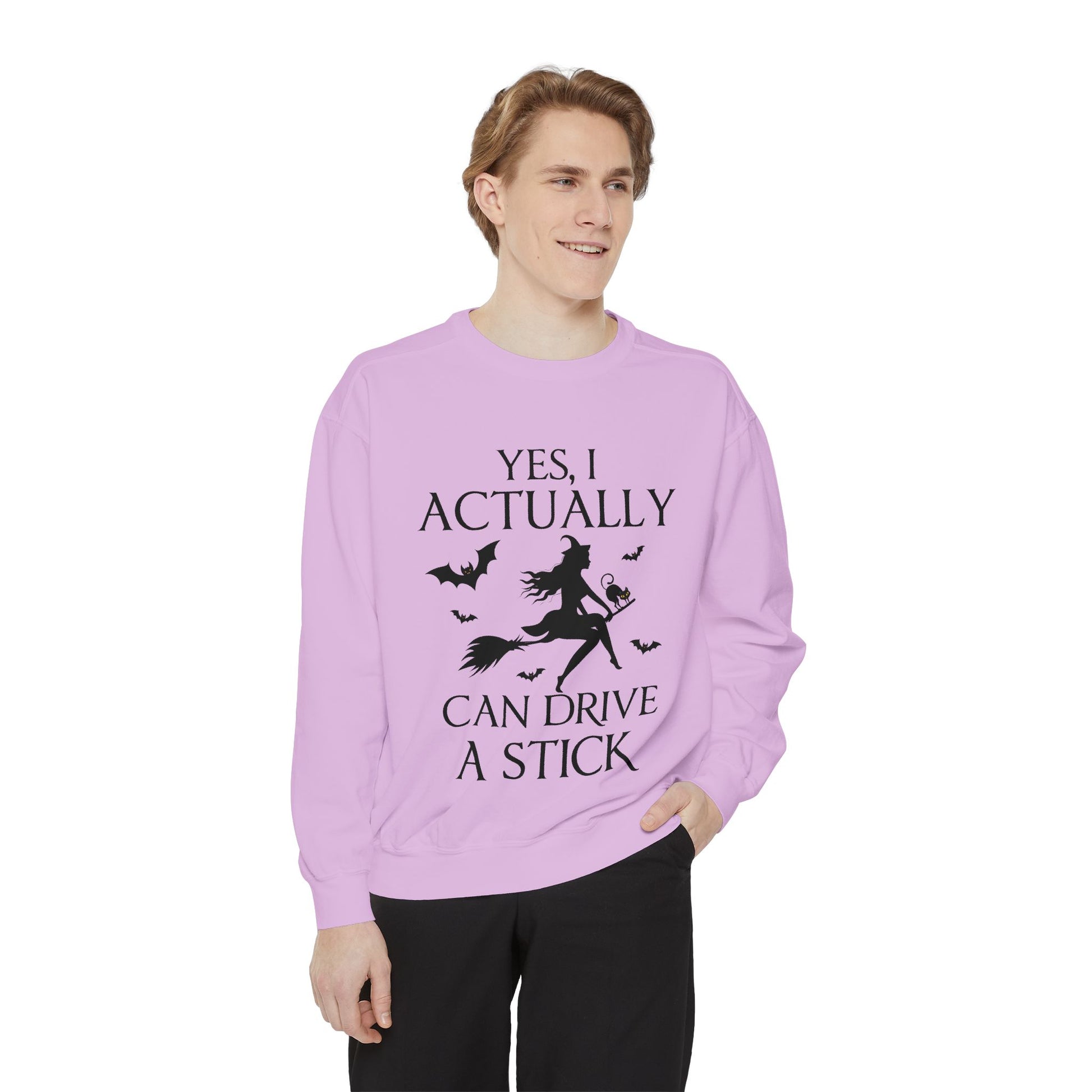 Funny Halloween Sweatshirt – ‘Drive a Stick’ Witch Quote | Premium Comfort Colors Crewneck - Stellar Threadz Studio