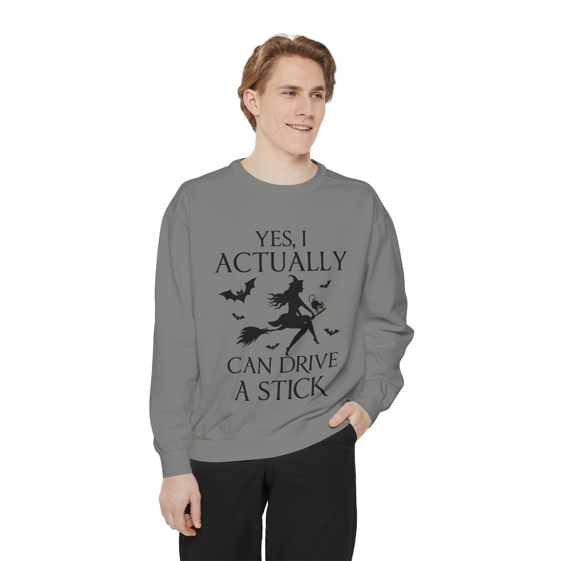 Funny Halloween Sweatshirt – ‘Drive a Stick’ Witch Quote | Premium Comfort Colors Crewneck - Stellar Threadz Studio