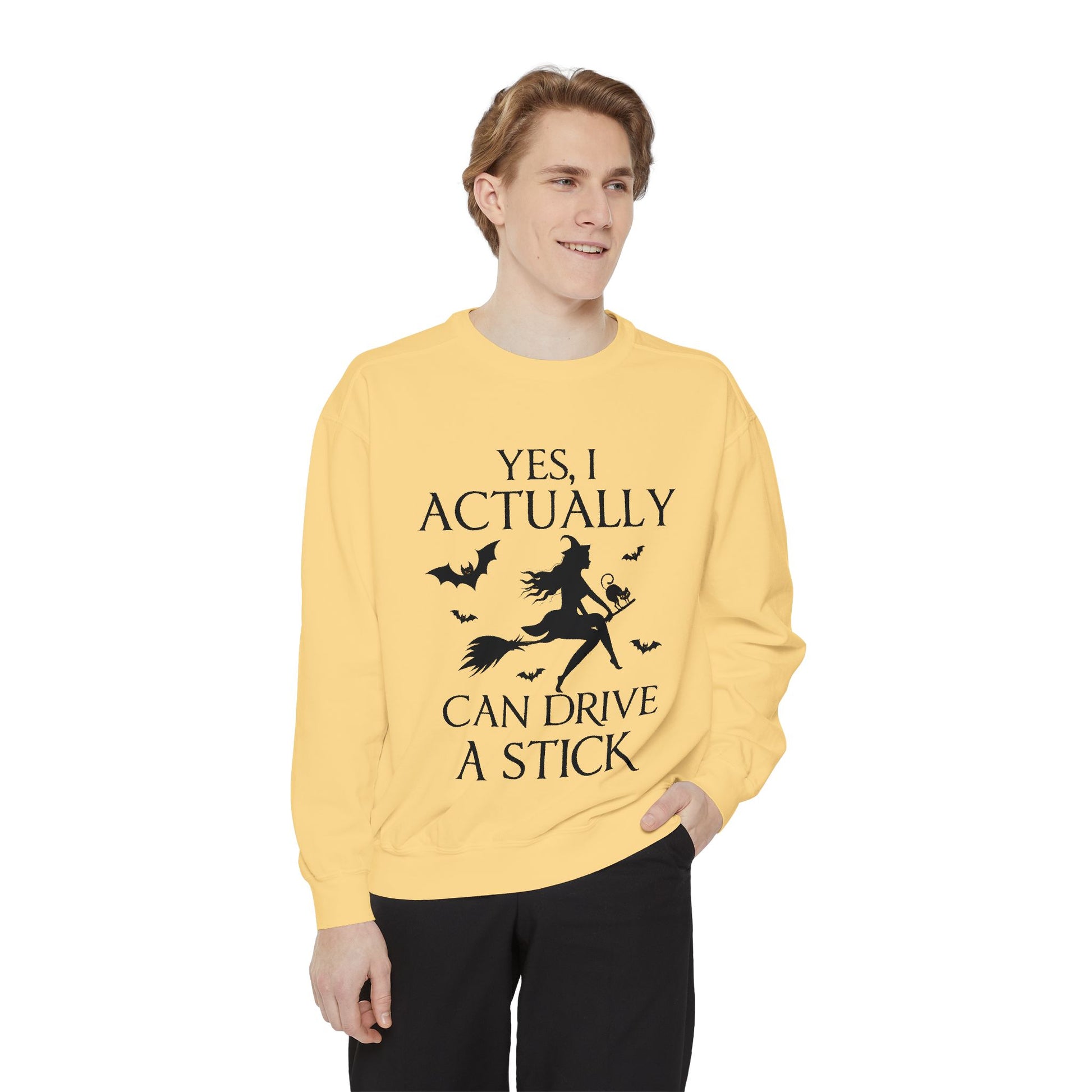 Funny Halloween Sweatshirt – ‘Drive a Stick’ Witch Quote | Premium Comfort Colors Crewneck - Stellar Threadz Studio