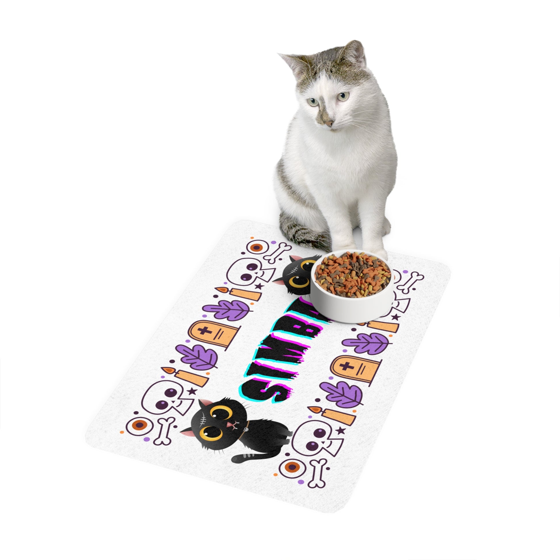 Halloween Pet Food Mat for Cats or Dogs, Personalized with Pet's Name and either the graphic cat or graphic dog image Placemat, Spooky Cat or Dog Decor, Customizable Pet Accessory, Fun Pet Feeding Area - Stellar Threadz Studio