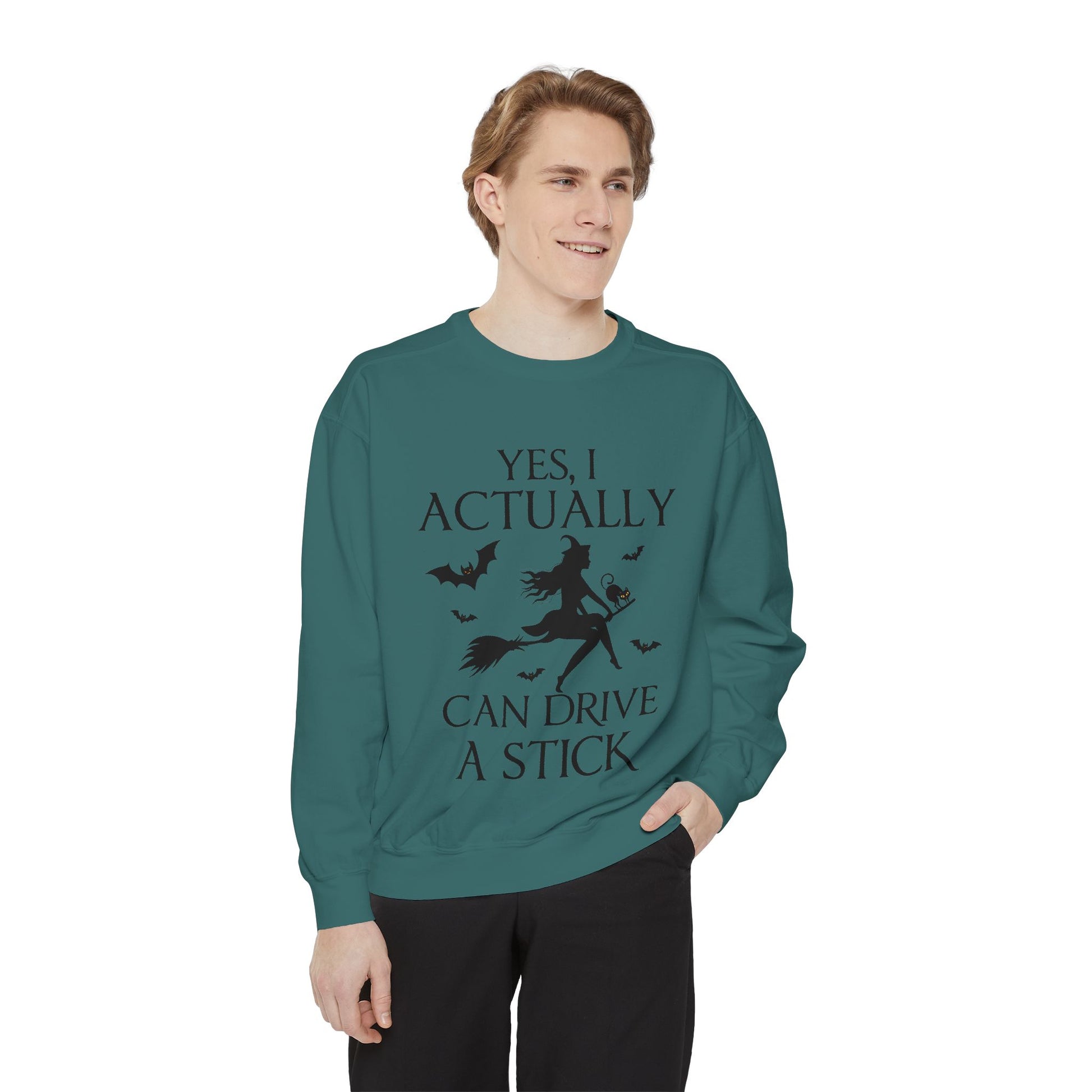 Funny Halloween Sweatshirt – ‘Drive a Stick’ Witch Quote | Premium Comfort Colors Crewneck - Stellar Threadz Studio