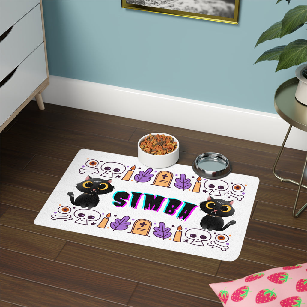 Halloween Pet Food Mat for Cats or Dogs, Personalized with Pet's Name and either the graphic cat or graphic dog image Placemat, Spooky Cat or Dog Decor, Customizable Pet Accessory, Fun Pet Feeding Area - Stellar Threadz Studio