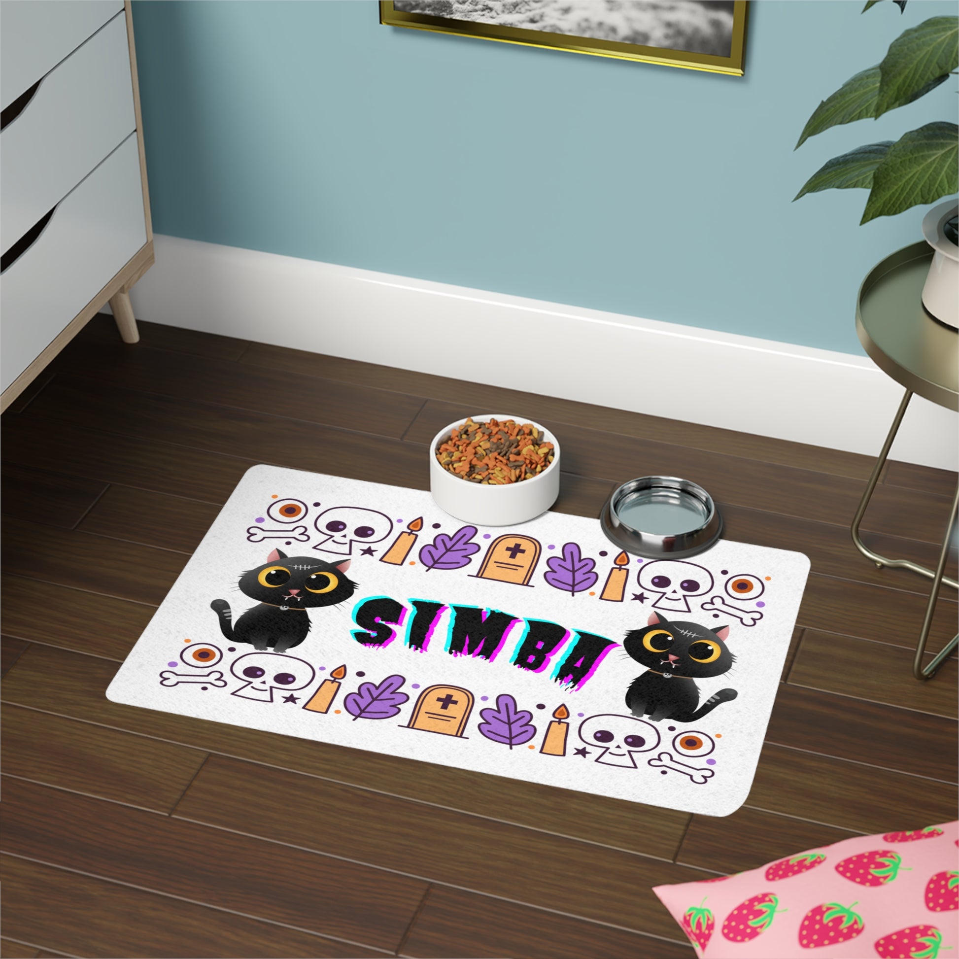 Halloween Pet Food Mat for Cats or Dogs, Personalized with Pet's Name and either the graphic cat or graphic dog image Placemat, Spooky Cat or Dog Decor, Customizable Pet Accessory, Fun Pet Feeding Area - Stellar Threadz Studio