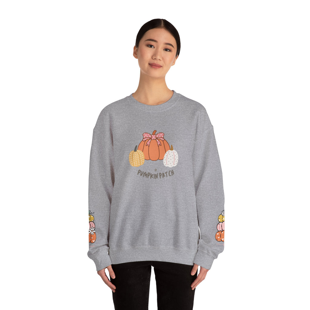 Pumpkin Patch Crewneck Sweatshirt with sleeve design too - Cozy Fall Apparel, Unisex Autumn Sweatshirt, Pumpkin Lovers Gift, Halloween/Thanksgiving Style, [...] - Stellar Threadz Studio