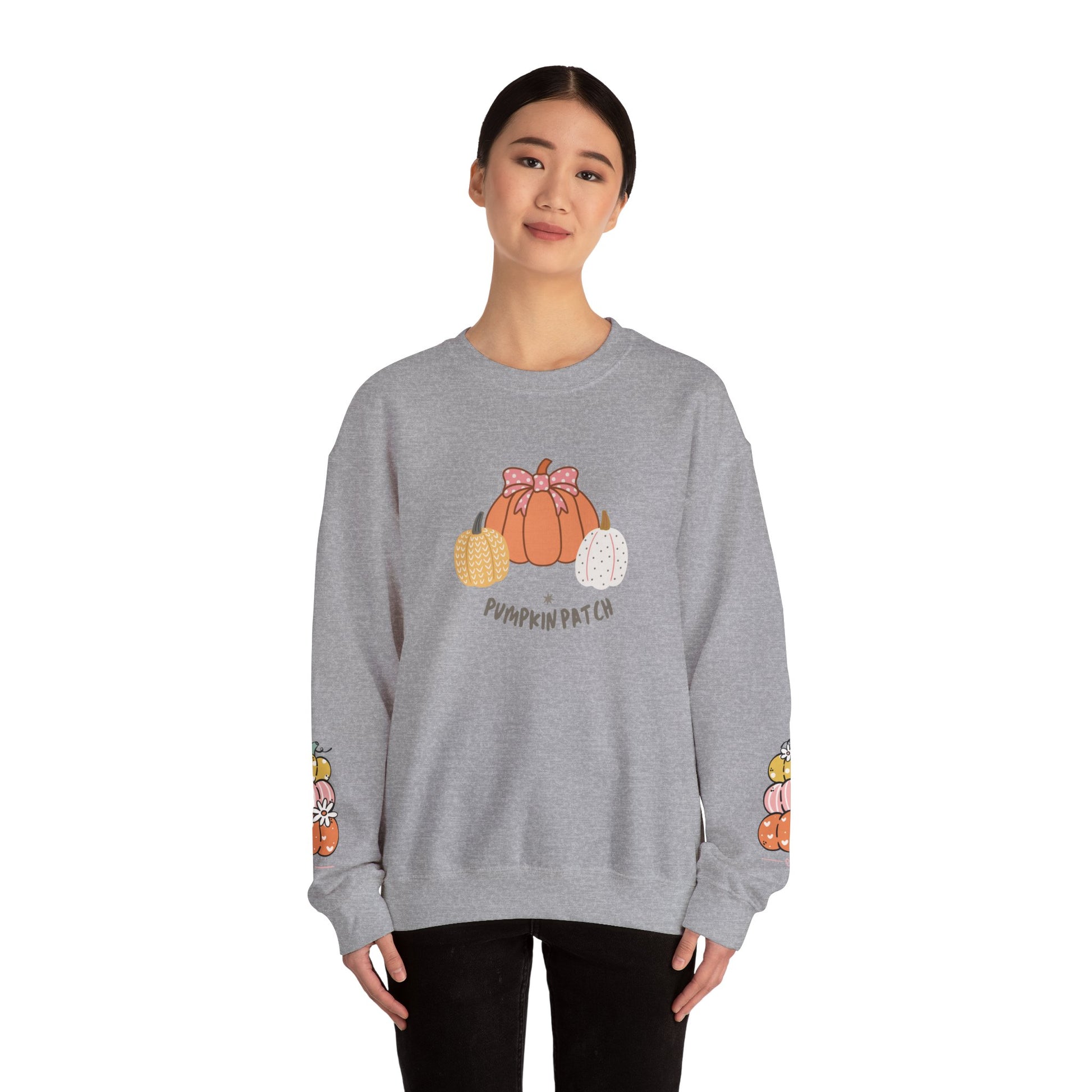 Pumpkin Patch Crewneck Sweatshirt with sleeve design too - Cozy Fall Apparel, Unisex Autumn Sweatshirt, Pumpkin Lovers Gift, Halloween/Thanksgiving Style, [...] - Stellar Threadz Studio