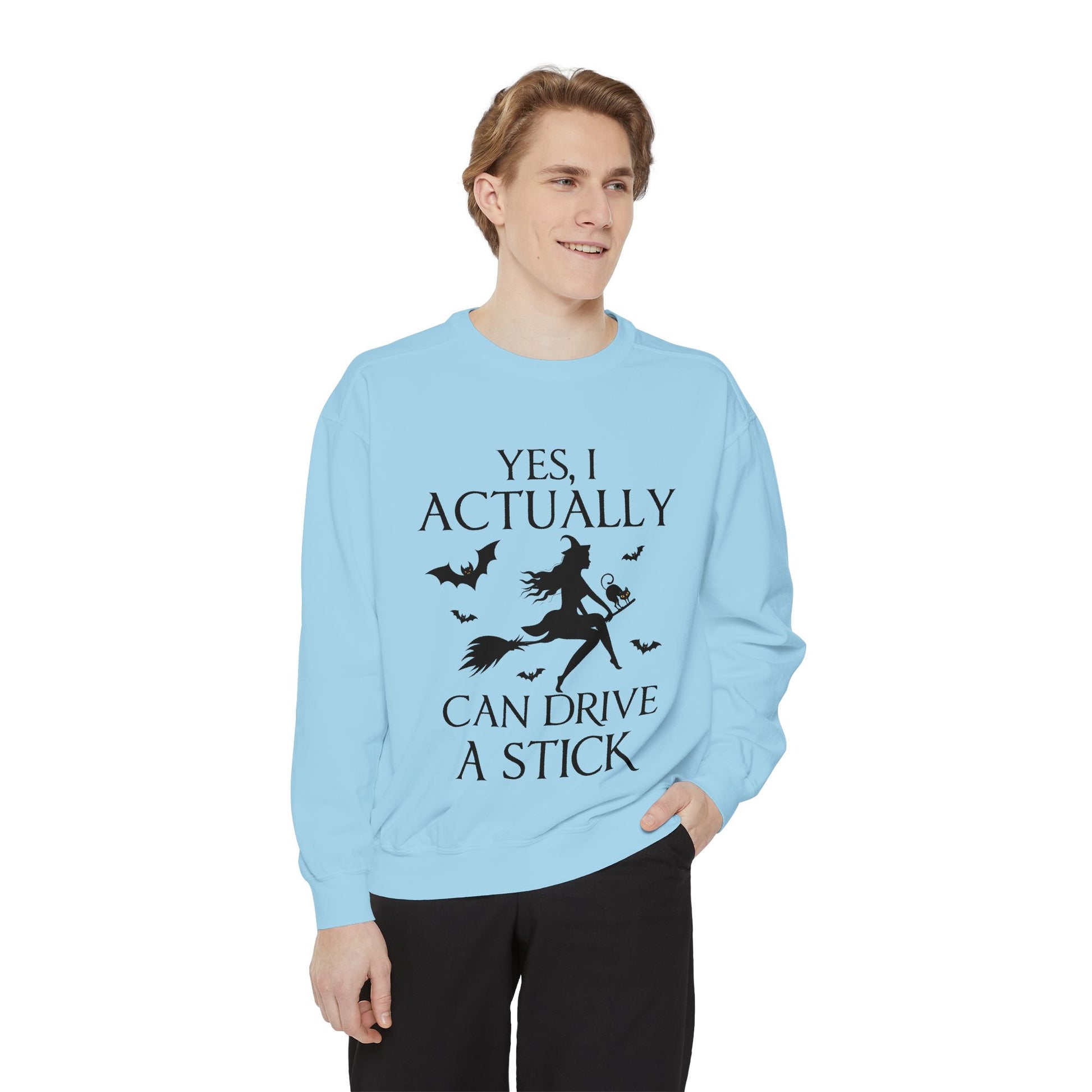 Funny Halloween Sweatshirt – ‘Drive a Stick’ Witch Quote | Premium Comfort Colors Crewneck - Stellar Threadz Studio