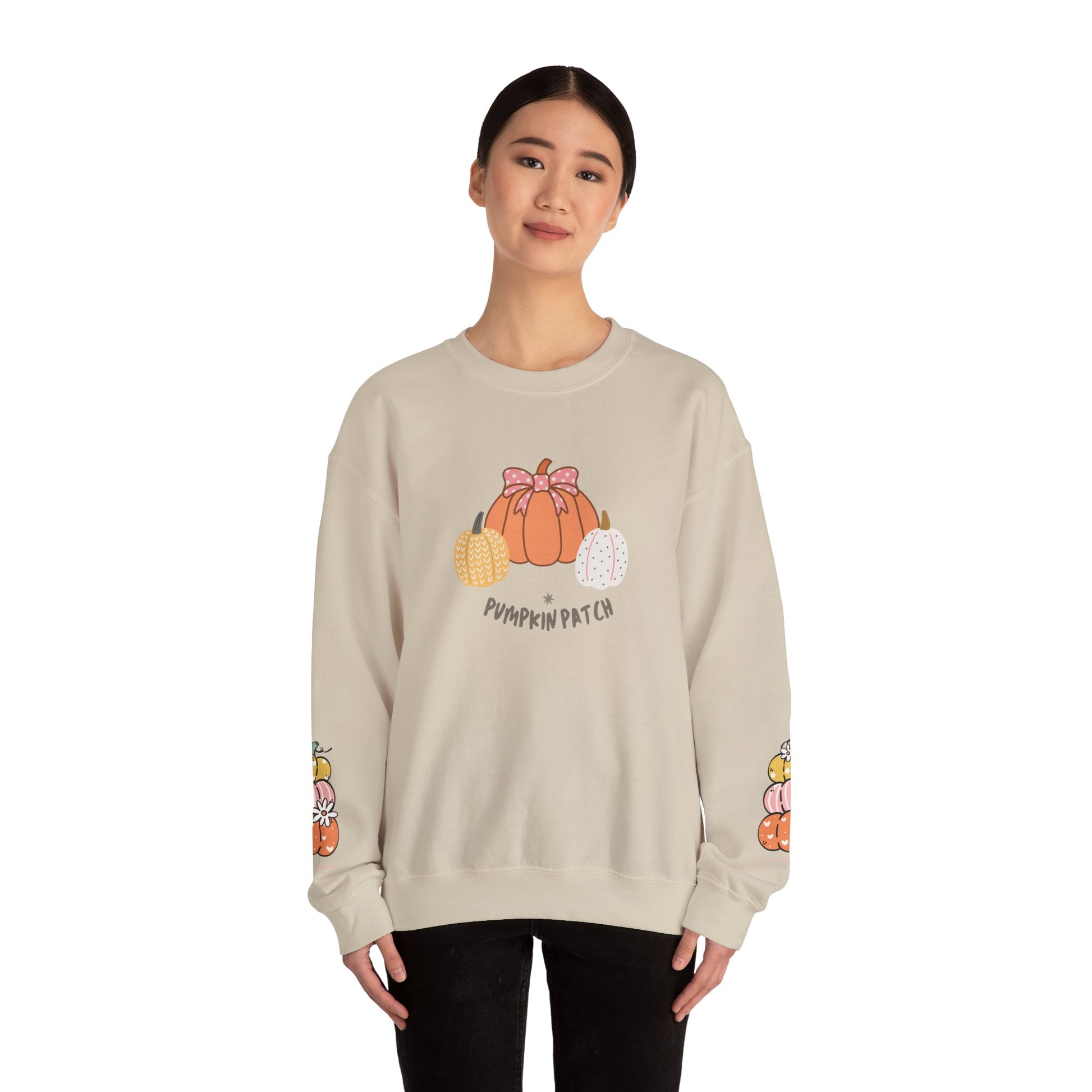Pumpkin Patch Crewneck Sweatshirt with sleeve design too - Cozy Fall Apparel, Unisex Autumn Sweatshirt, Pumpkin Lovers Gift, Halloween/Thanksgiving Style, [...] - Stellar Threadz Studio