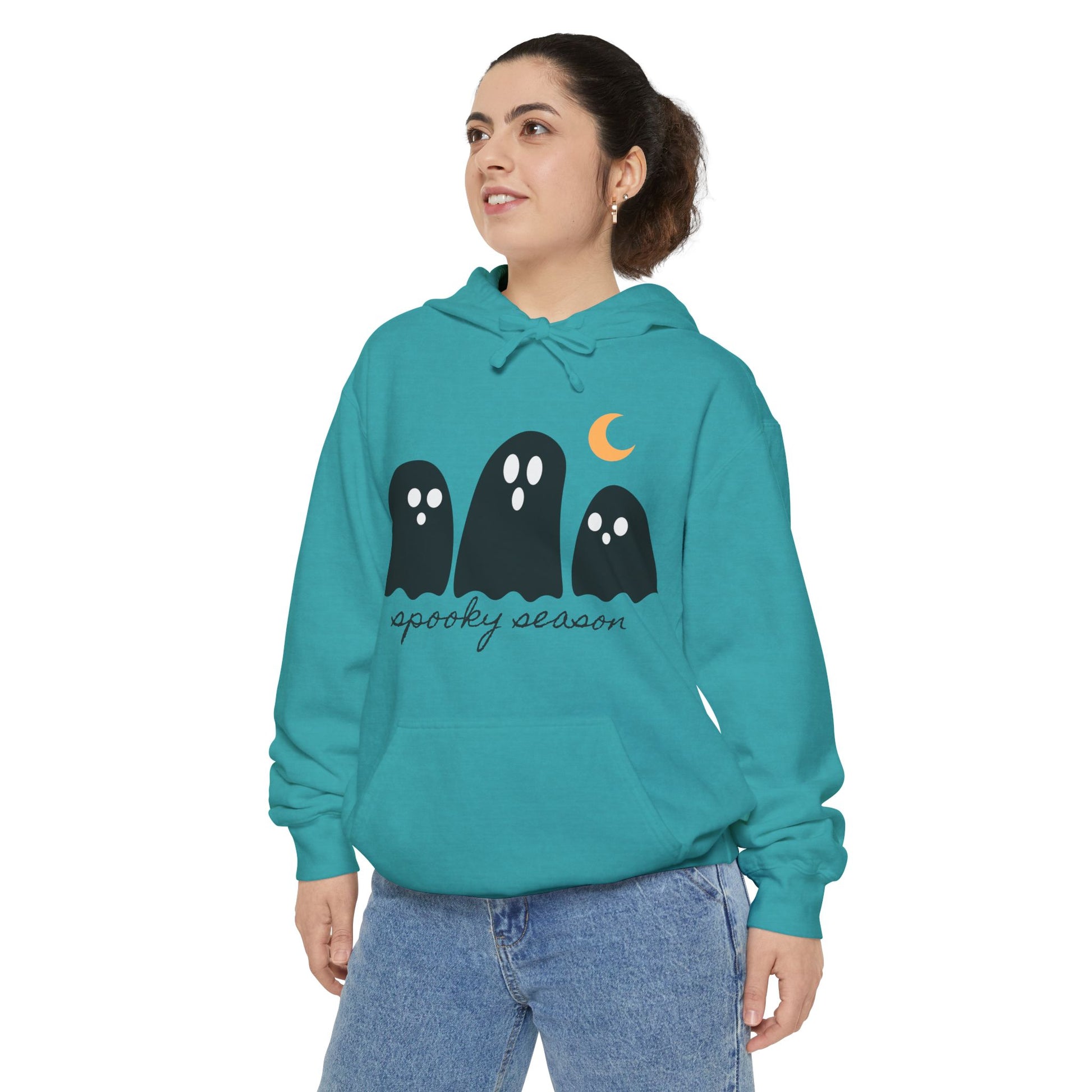 Spooky Season Garment-Dyed Hoodie for Halloween, Cozy Sweater, Unisex Hoodie, Fall Fashion, Ghost Design, Comfort Colors - Stellar Threadz Studio