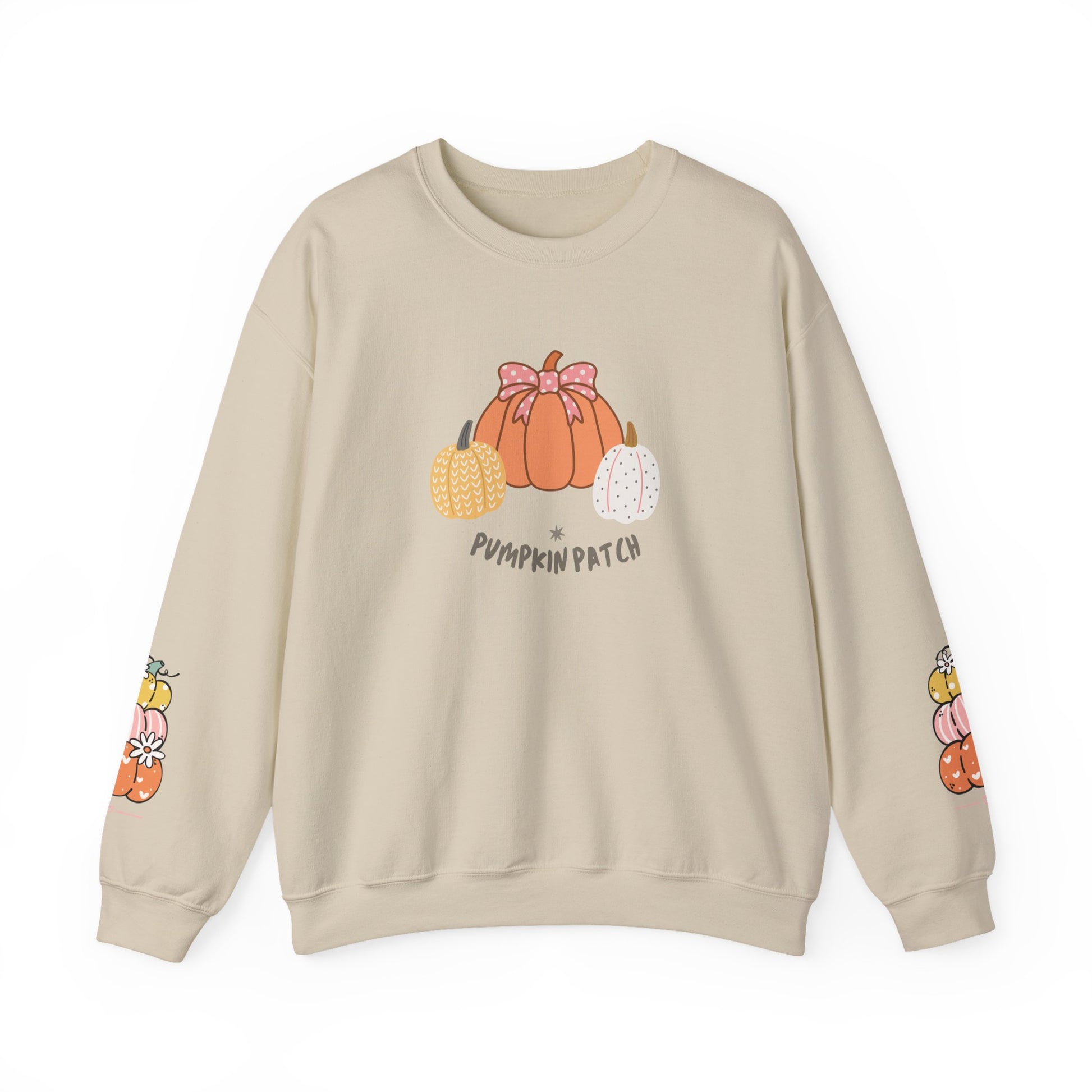 Pumpkin Patch Crewneck Sweatshirt with sleeve design too - Cozy Fall Apparel, Unisex Autumn Sweatshirt, Pumpkin Lovers Gift, Halloween/Thanksgiving Style, [...] - Stellar Threadz Studio