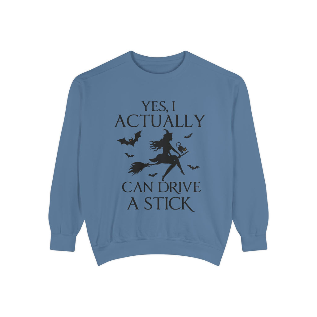 Funny Halloween Sweatshirt – ‘Drive a Stick’ Witch Quote | Premium Comfort Colors Crewneck - Stellar Threadz Studio
