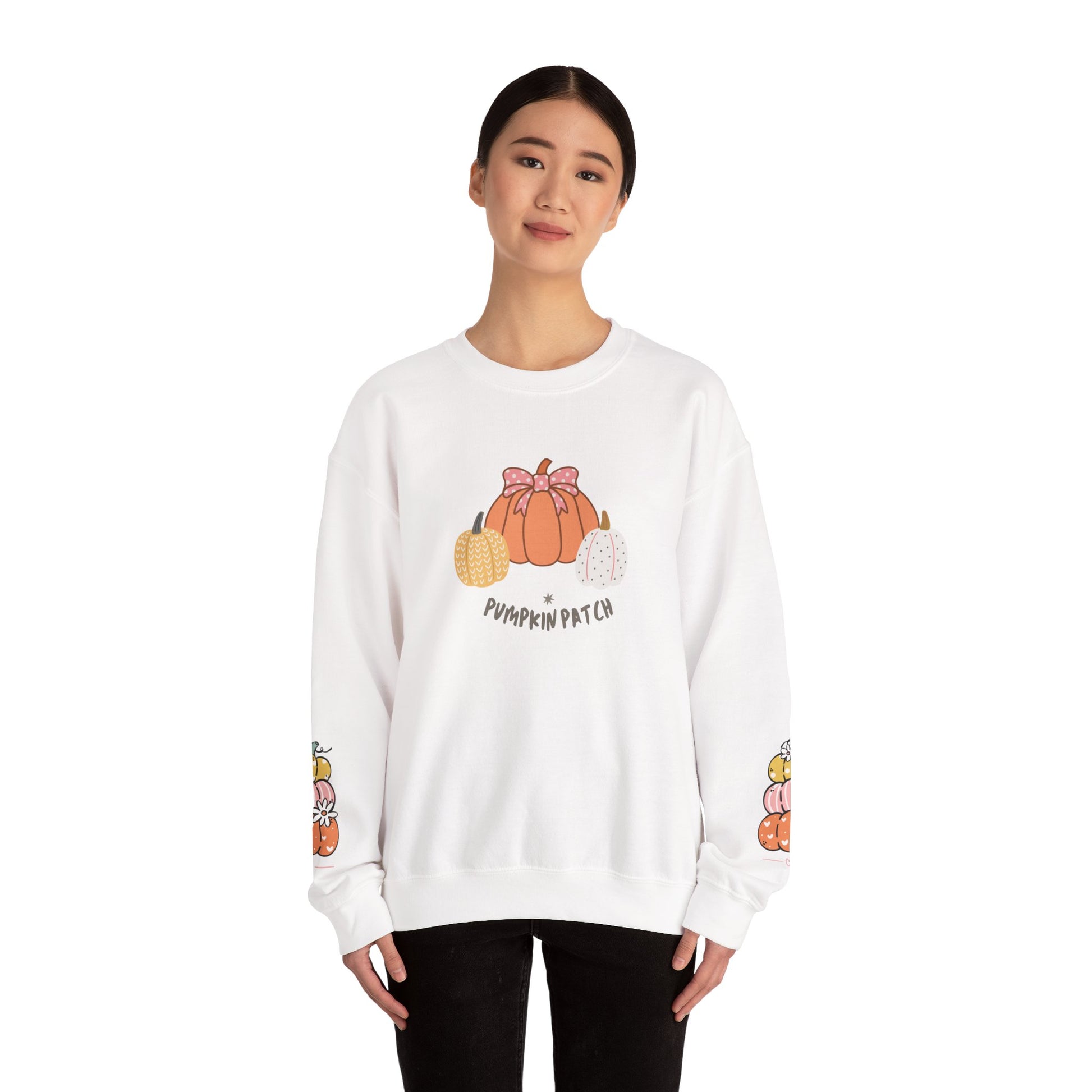 Pumpkin Patch Crewneck Sweatshirt with sleeve design too - Cozy Fall Apparel, Unisex Autumn Sweatshirt, Pumpkin Lovers Gift, Halloween/Thanksgiving Style, [...] - Stellar Threadz Studio