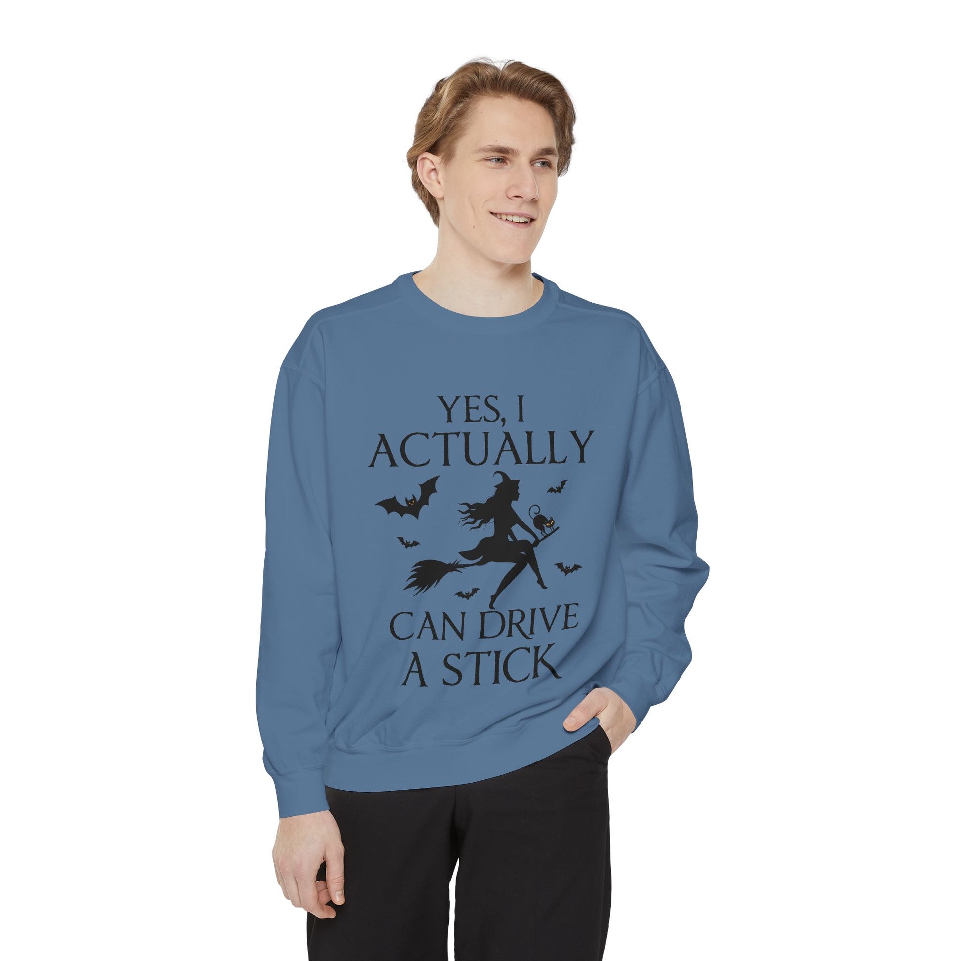 Funny Halloween Sweatshirt – ‘Drive a Stick’ Witch Quote | Premium Comfort Colors Crewneck - Stellar Threadz Studio