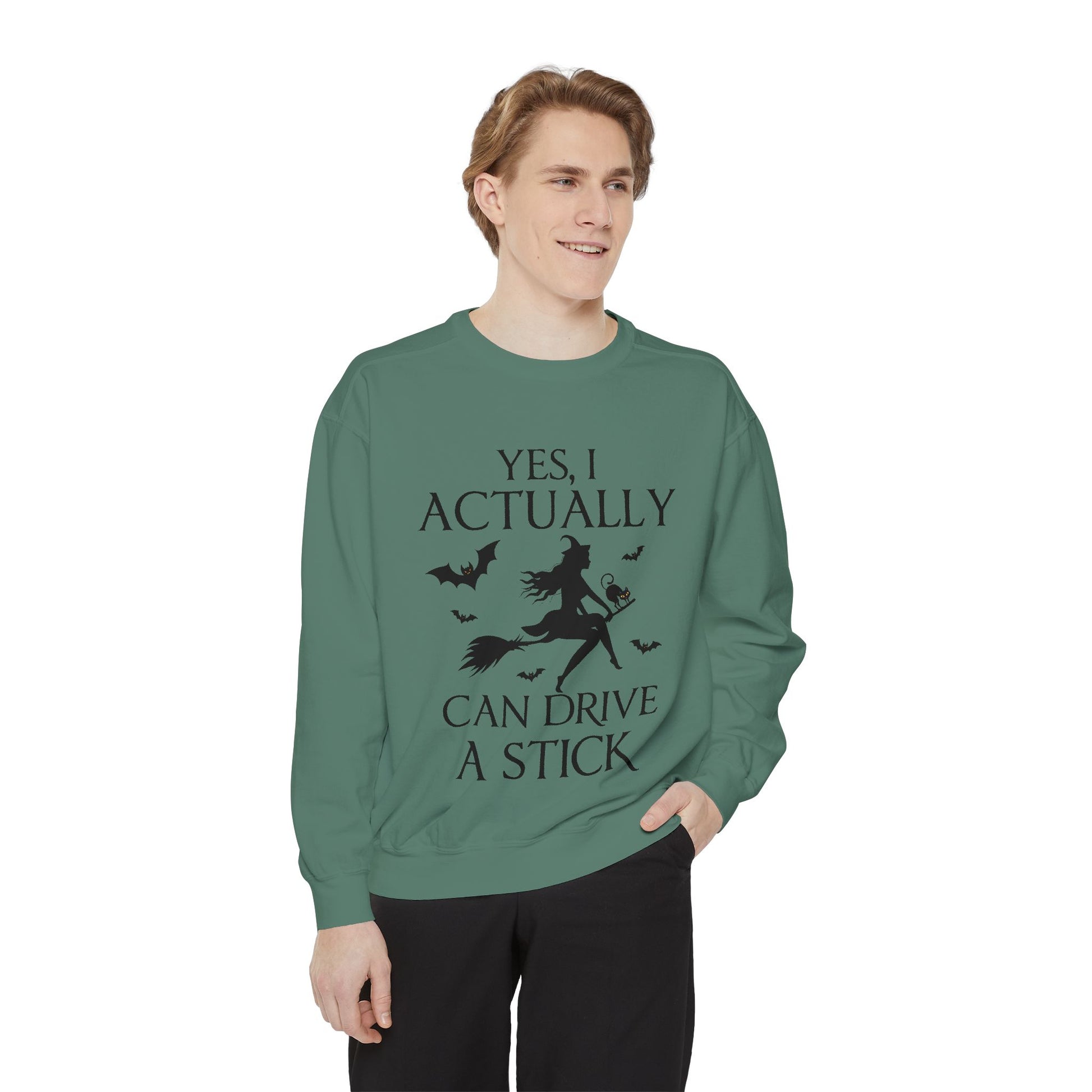 Funny Halloween Sweatshirt – ‘Drive a Stick’ Witch Quote | Premium Comfort Colors Crewneck - Stellar Threadz Studio